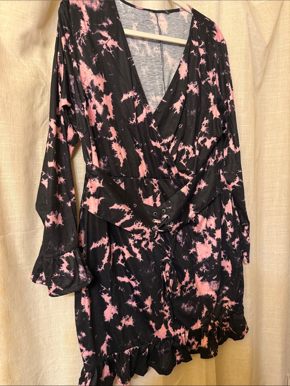 Tie-Dye Wrap Mini Dress in Black and Pink